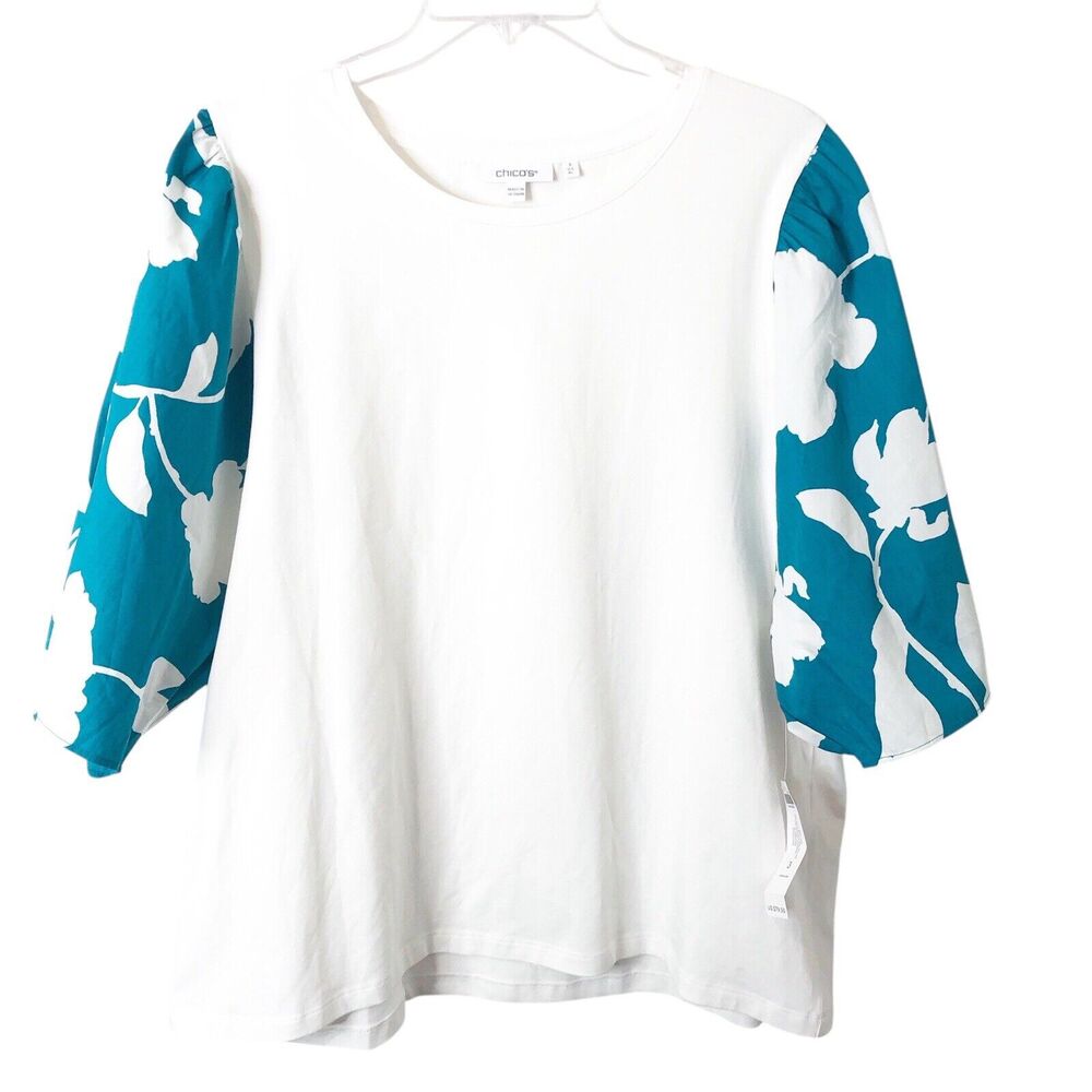 Chico's NWT Women's White Floral Sleeve Elbow Tee Size 3 (XL/16)